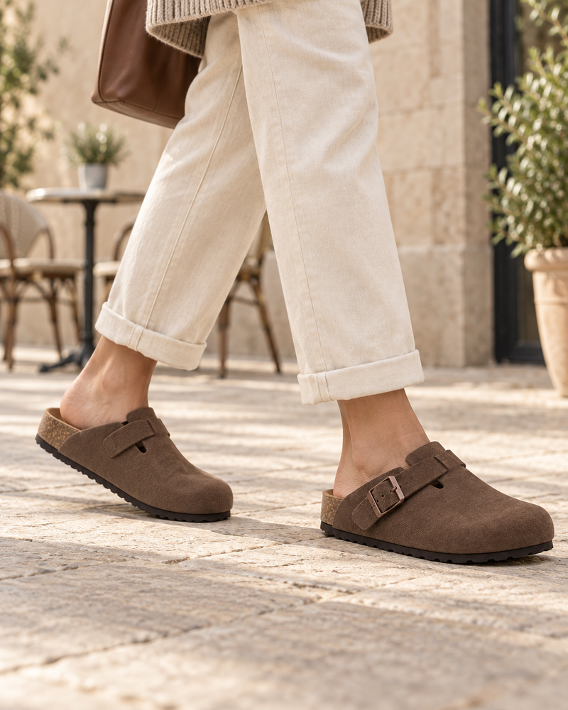 Mocha Solva clogs with oatmeal trousers