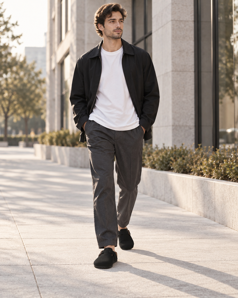Black Solva clogs with tailored trousers