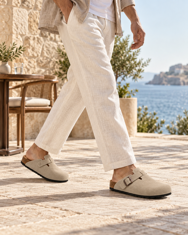 Sand Solva clogs with cream linen trousers