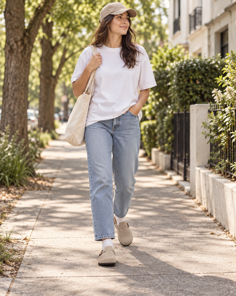 Sand Solva clogs with a white tee and jeans