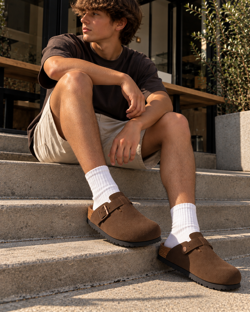 Mocha Solva clogs worn with white crew socks